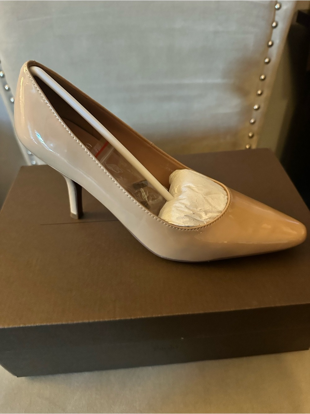 Paolo Patent Pointed-Toe Pump in Beige Maple Sugar - NIB